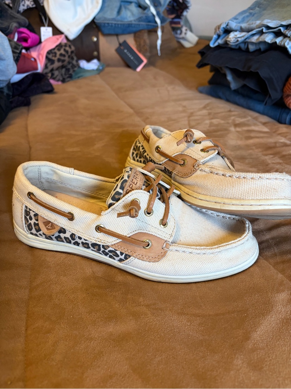 Sperry Women’s Beige Canvas Boat Shoes with Leopard Accent